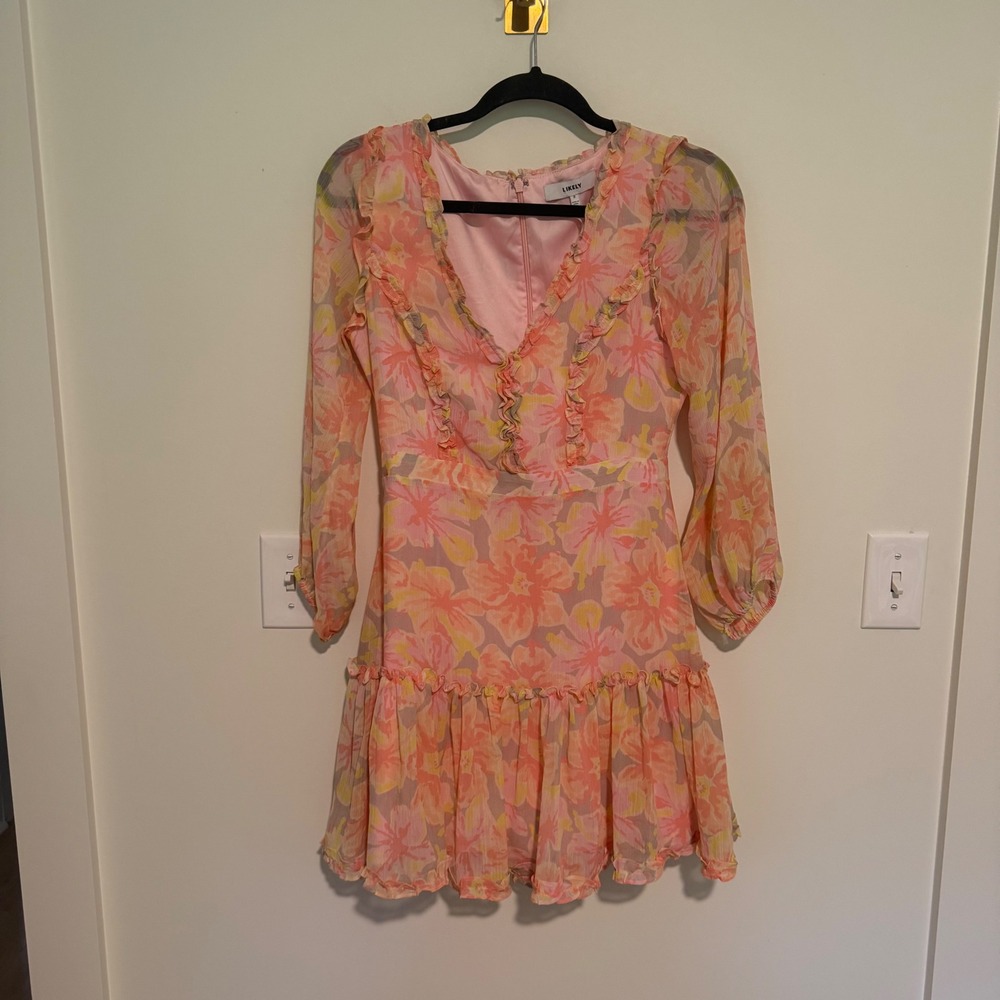 LIKELY Pink Orange Floral Ruffle Chiffon Mini‎ Dress Long Sleeve Size 2